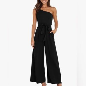 One-Shoulder Black Wide-Leg Jumpsuit with Waist Tie